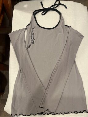 Gang Young Fashion Halter Mini Dress in Light Gray with Black Trim